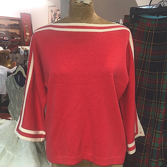 St. John Sport - vintage 90’s boatneck sweater - flared 3/4 sleeves- dark coral - Picture 1 of 12
